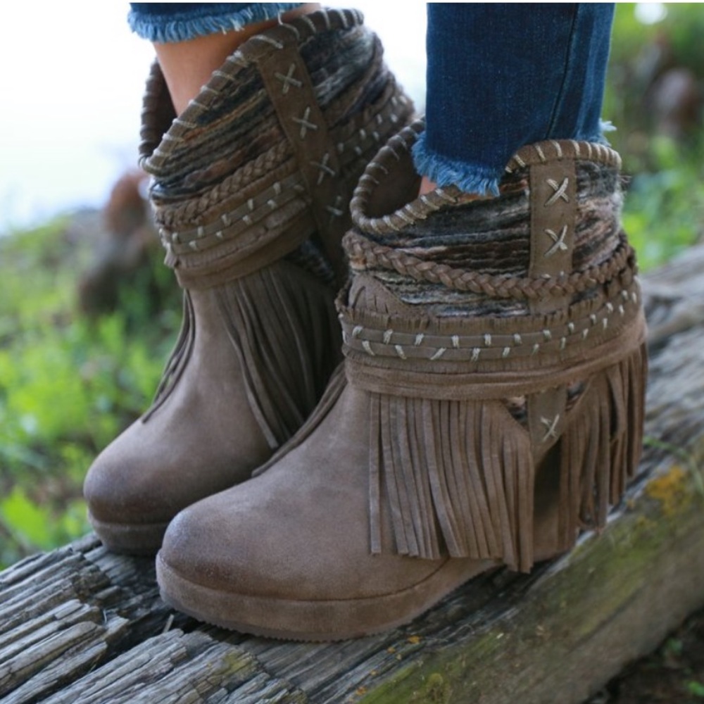 Leather Taupe Handcrafted Boho Fringe Wedge Boots